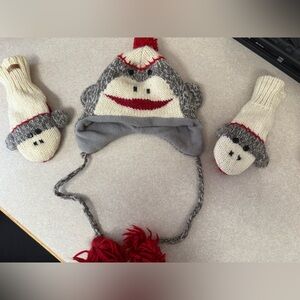 Gray and Red Sock Monkey Hat and Mittens Set